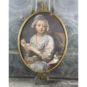 Antique Litho Portrait of a Pensive Lady Maiden and Her Kitten, Original Frame
